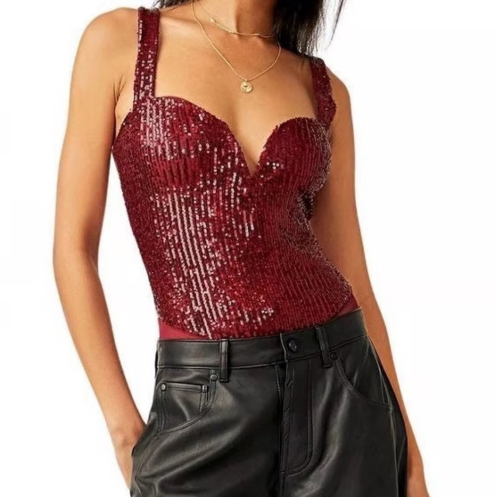 Free People Burgundy Sequin Bodysuit; size S,new
